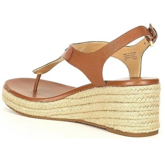 Michael Kors Laney Thong Saffiano Leather Espadrille Sandals Wedges in Luggage - Picture 3 of 7